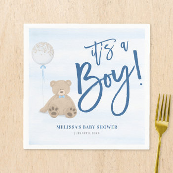Boy Teddy Bear Blue Balloon Baby Shower Napkins by printcreekstudio at Zazzle