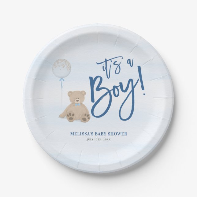 Boy Teddy Bear Blue Balloon Baby Shower Paper Plates (Front)