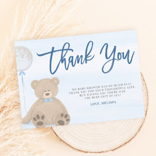 Boy Teddy Bear Blue Balloon Baby Shower Thank You Card
