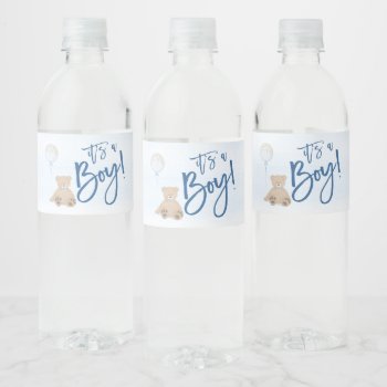 Boy Teddy Bear Blue Balloon Baby Shower Water Bottle Label by printcreekstudio at Zazzle