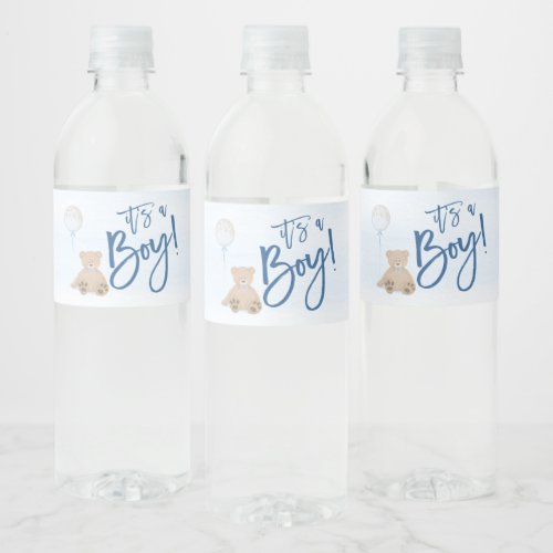 Boy Teddy Bear Blue Balloon Baby Shower Water Bottle Label
