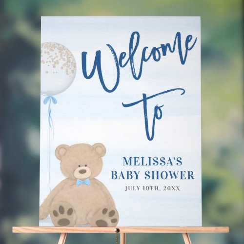 Boy Teddy Bear Blue Balloon Baby Shower Welcome Acrylic Sign