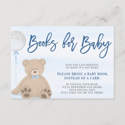 Boy Teddy Bear Blue Balloon Bring a Book Enclosure Card