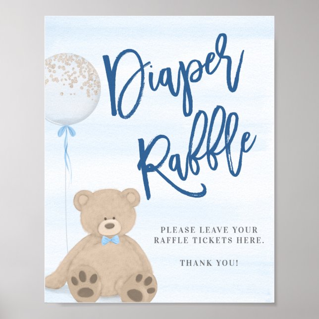 Boy Teddy Bear Blue Balloon Diaper Raffle Sign (Front)