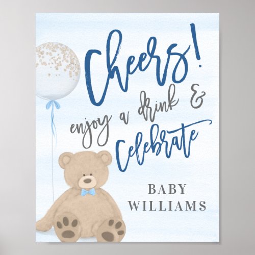 Boy Teddy Bear Blue Balloon Drinks Sign