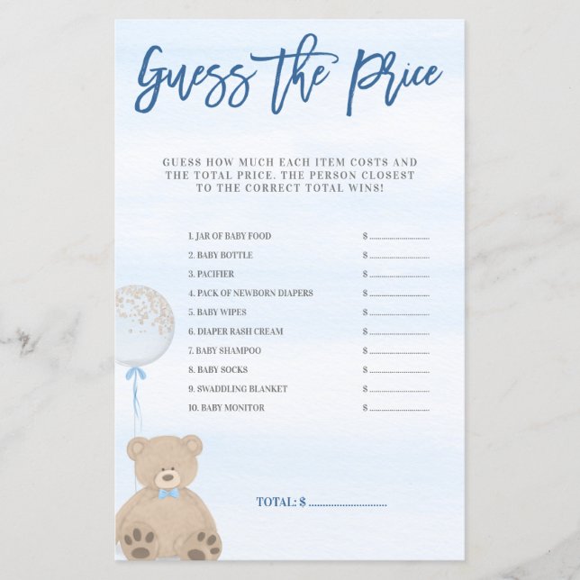 Boy Teddy Bear Blue Balloon Guess the Price Game (Front)