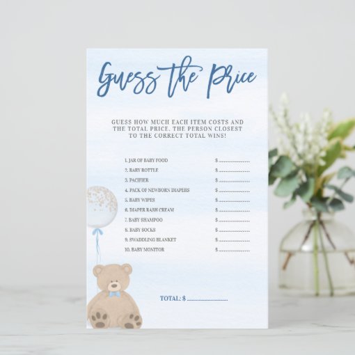 Boy Teddy Bear Blue Balloon Guess the Price Game | Zazzle
