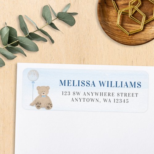 Boy Teddy Bear Blue Balloon Return Address Label