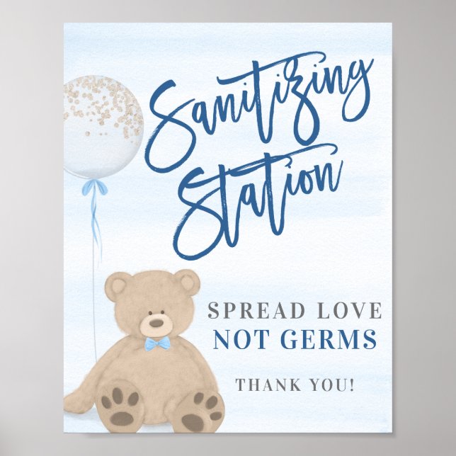 Boy Teddy Bear Blue Balloon Sanitizing Sign (Front)