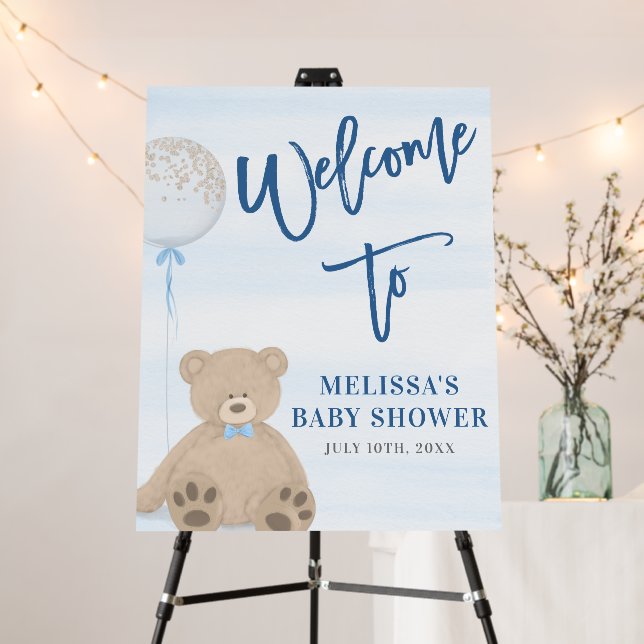 Boy Teddy Bear Blue Balloon Welcome Sign (In Situ (Stand))