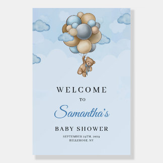 Boy teddy bear blue balloons baby shower welcome foam board