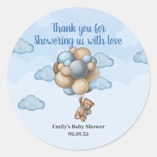 Boy Teddy bear blue brown beige balloons Classic R Classic Round Sticker