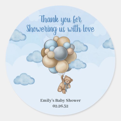 Boy Teddy bear blue brown beige balloons  Classic Round Sticker