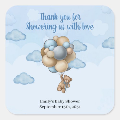 Boy Teddy bear blue brown beige balloons  Classic  Square Sticker