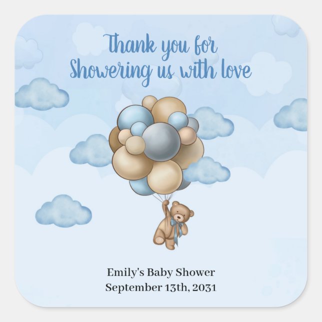 Boy Teddy bear blue brown beige balloons  Classic  Square Sticker (Front)