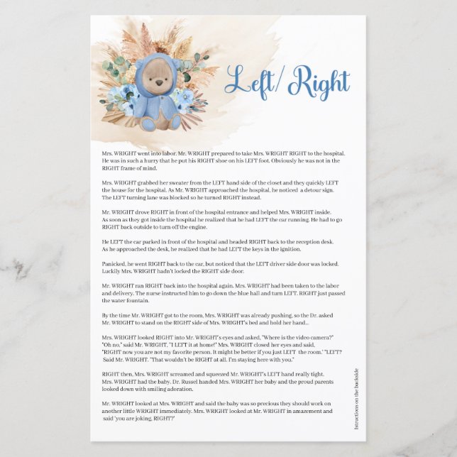 Boy teddy bear blue flowers pampas palm Left Right (Front)