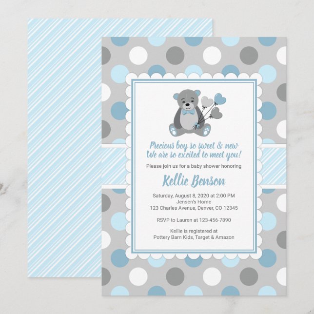 Boy teddy bear blue gray baby shower invitation (Front/Back)