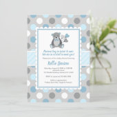 Boy teddy bear blue gray baby shower invitation (Standing Front)