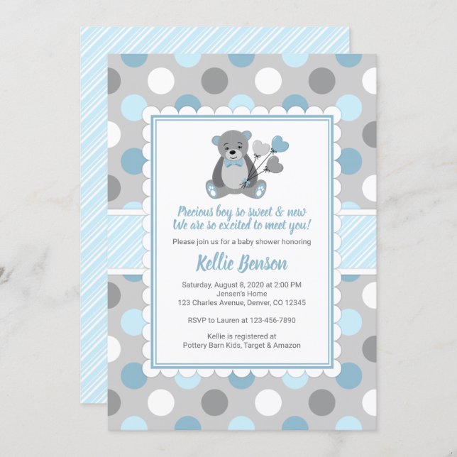 Boy teddy bear blue gray baby shower invitation (Front/Back)