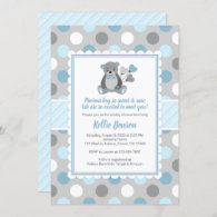 Boy teddy bear blue gray baby shower invitation