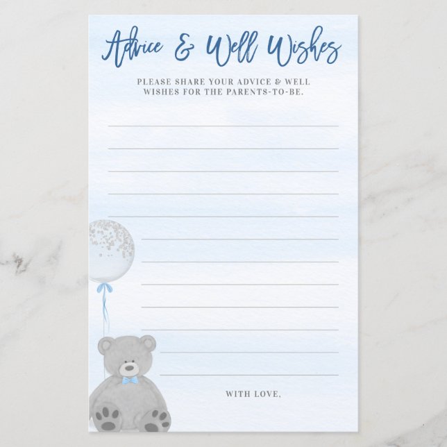 Boy Teddy Bear Blue Gray Balloon Baby Advice Card (Front)