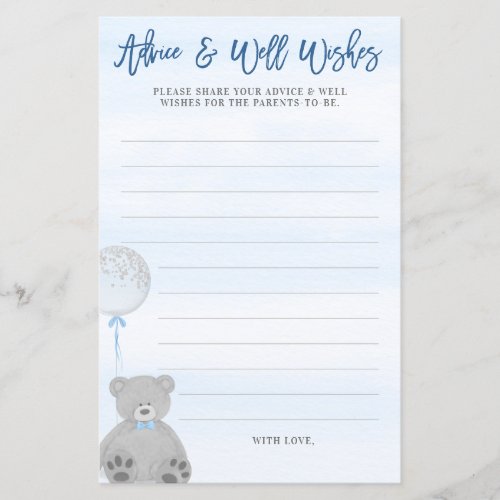 Boy Teddy Bear Blue Gray Balloon Baby Advice Card