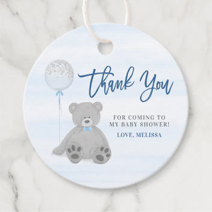 Boy Teddy Bear Blue Gray Balloon Baby Shower Favor Tags Zazzle Com