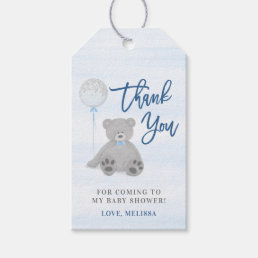 Boy Teddy Bear Blue Gray Balloon Baby Shower Gift Tags
