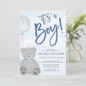 Boy Teddy Bear Blue Gray Balloon Baby Shower Invitation (Standing Front)