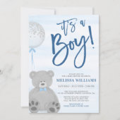 Boy Teddy Bear Blue Gray Balloon Baby Shower Invitation (Front)