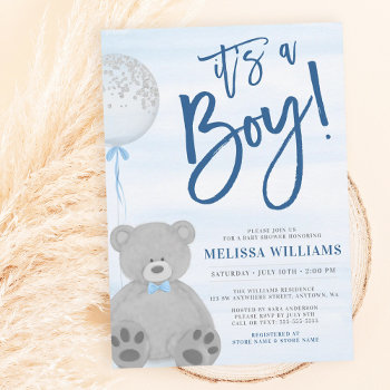 Boy Teddy Bear Blue Gray Balloon Baby Shower Invitation by printcreekstudio at Zazzle