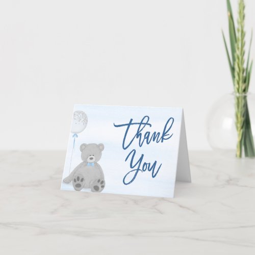 Boy Teddy Bear Blue Gray Balloon Baby Shower Thank You Card