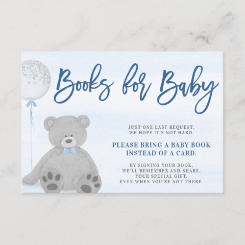 Boy Teddy Bear Blue Gray Balloon Bring a Book Enclosure Card