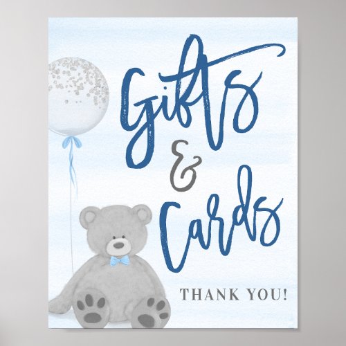 Boy Teddy Bear Blue Gray Balloon Gifts Cards Sign