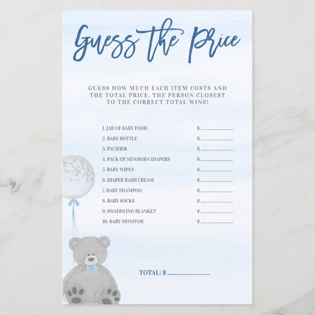 Boy Teddy Bear Blue Gray Balloon Guess the Price (Front)