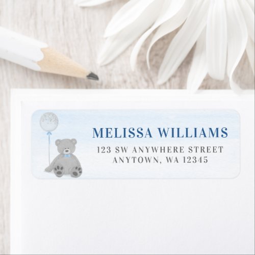 Boy Teddy Bear Blue Gray Balloon Return Address Label