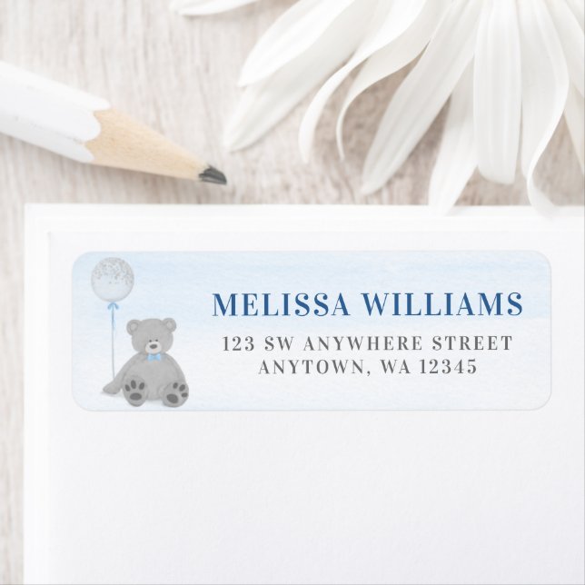 Boy Teddy Bear Blue Gray Balloon Return Address Label (Insitu)