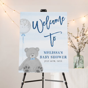 Boy Teddy Bear Blue Gray Balloon Welcome Sign