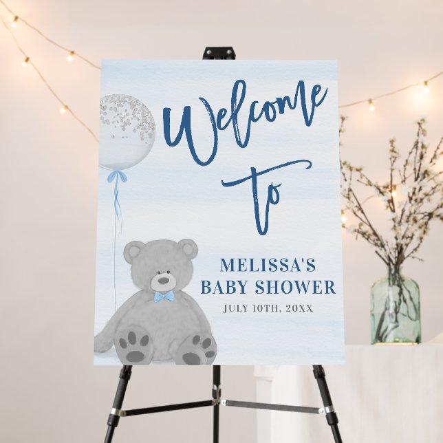 Boy Teddy Bear Blue Gray Balloon Welcome Sign (In Situ (Stand))