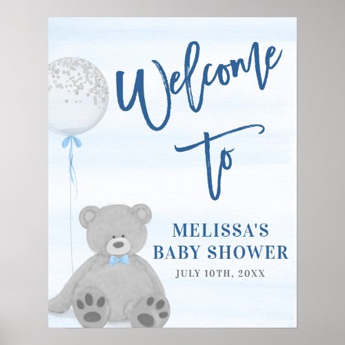 Boy Teddy Bear Blue Gray Balloon Welcome Sign