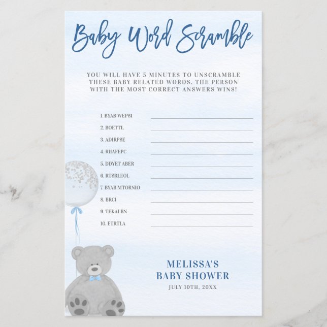 Boy Teddy Bear Blue Gray Balloon Word Scramble (Front)