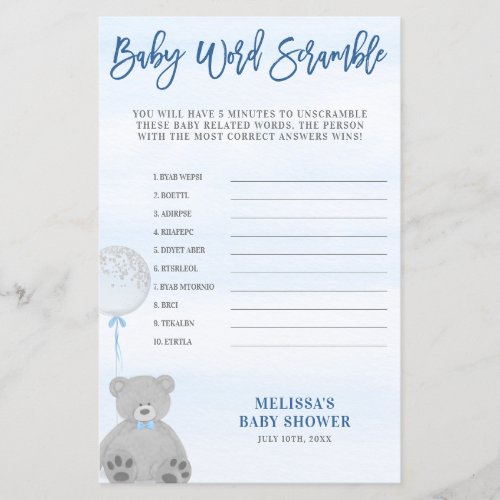 Boy Teddy Bear Blue Gray Balloon Word Scramble