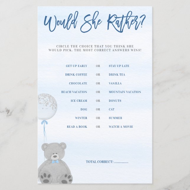 Boy Teddy Bear Blue Gray Balloon Would She Rather (Front)