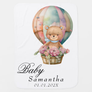 Boy Teddy Bear Blue Hot Air Balloon Baby Shower  Blanket