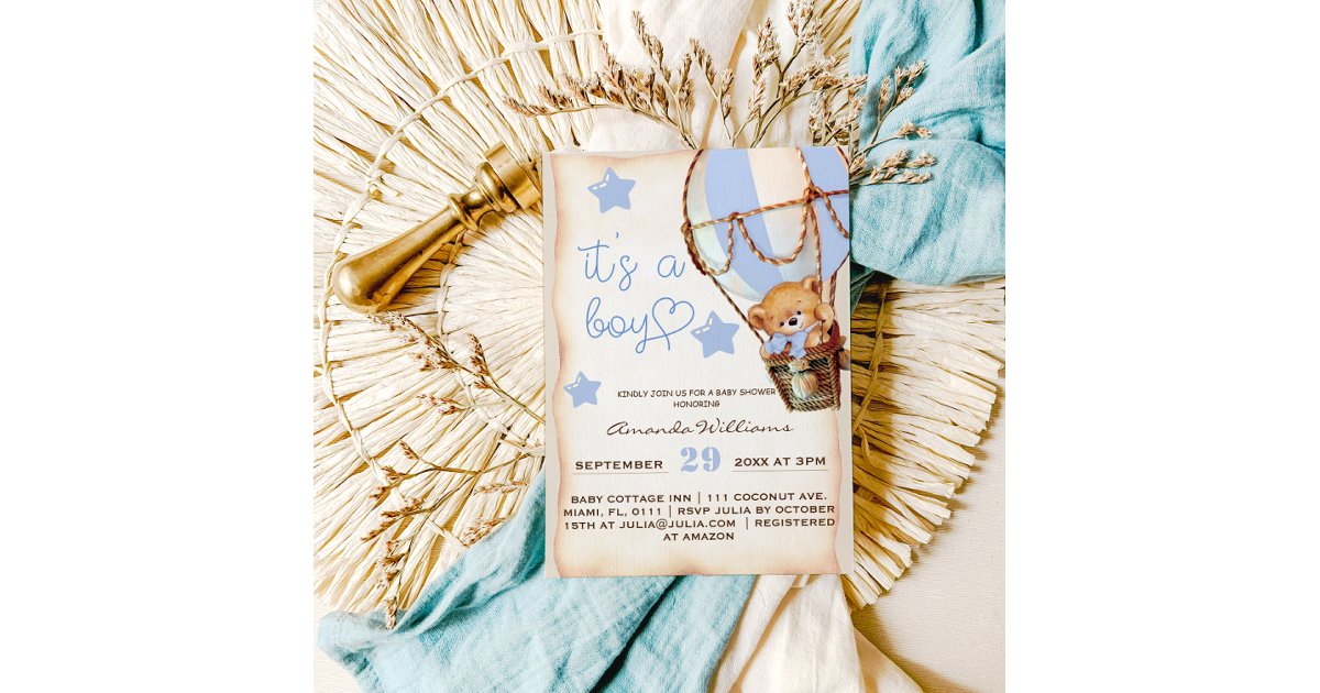 Boy Teddy Bear Blue Hot Air Balloon Baby Shower Invitation | Zazzle