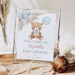 Boy Teddy Bear Boho Blue Floral Pampas Welcome Poster at Zazzle