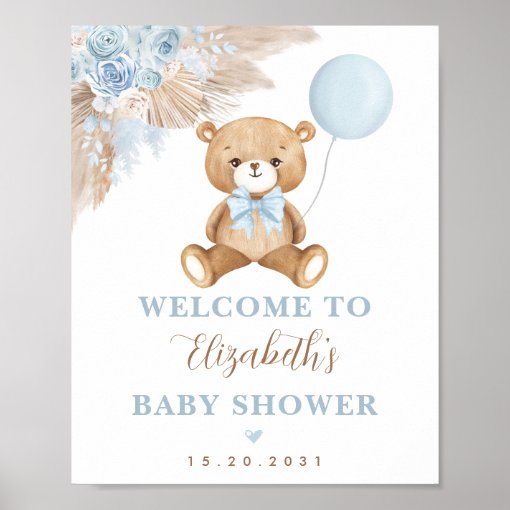 Boy Teddy Bear Boho Blue Floral Pampas Welcome Poster | Zazzle