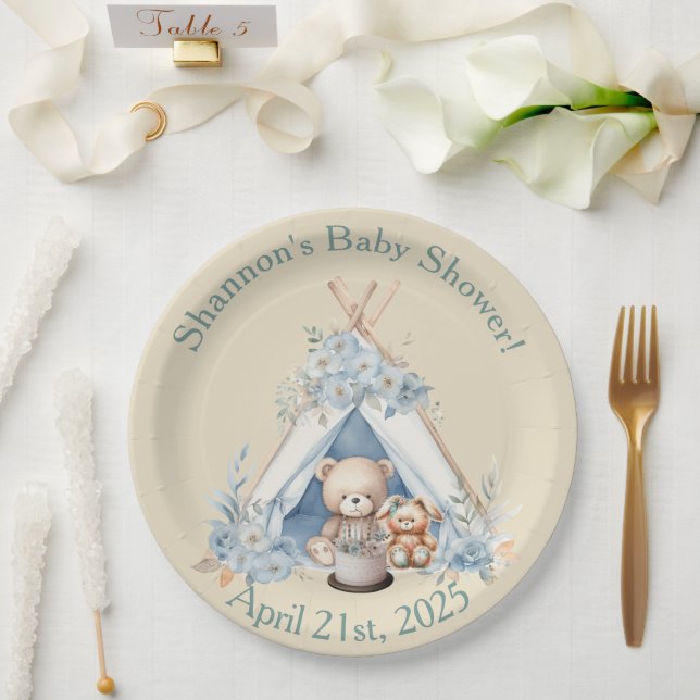 Boy Teddy Bear, Bunny in Teepee Tent Baby Shower Paper Plates (Wedding)
