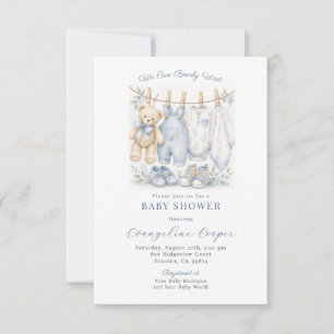 Boy Teddy Bear Clothesline Blue Baby Shower Invitation