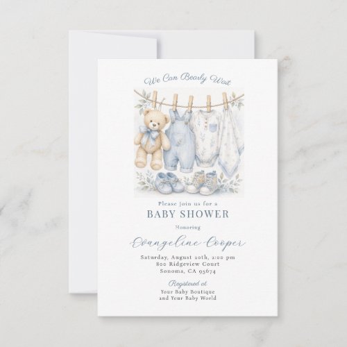 Boy Teddy Bear Clothesline Blue Baby Shower Invitation